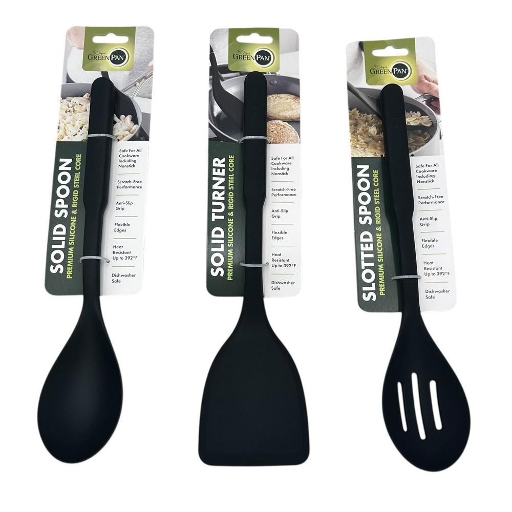 GREENPAN‎ 3pc Spoon Turner Metal Core Silicone Utensils Set Black Heat Resistant